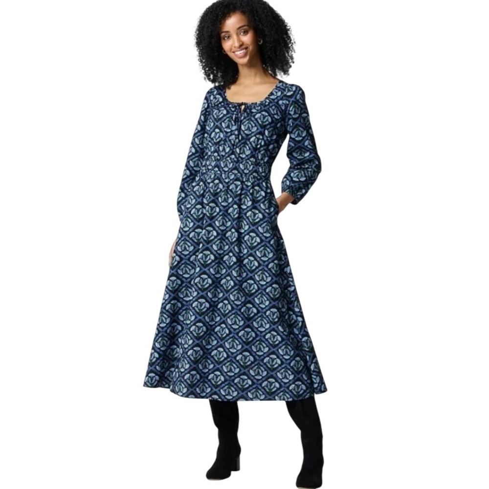J.Crew Factory Floral Smocked Waist Long Sleeve Midi Dress Size 8 Black NWT Blue